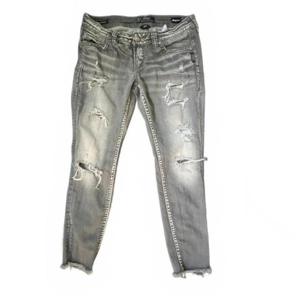 Silver‎ Jeans Co Aiko Mid Ankle Skinny Gray Distressed Jeans 29